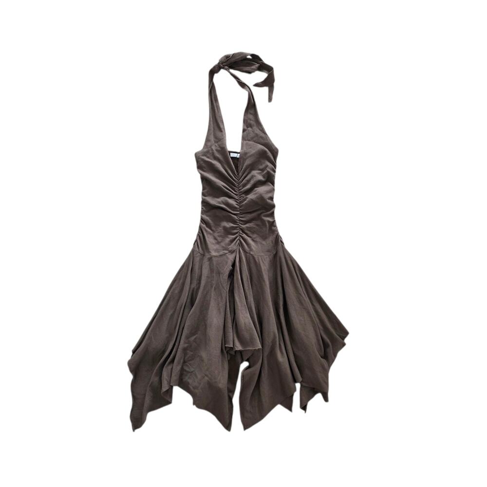 Zara Brown Asymmetric Handkerchief Hem Mini Halter Dress Size Small - Picture 2 of 6